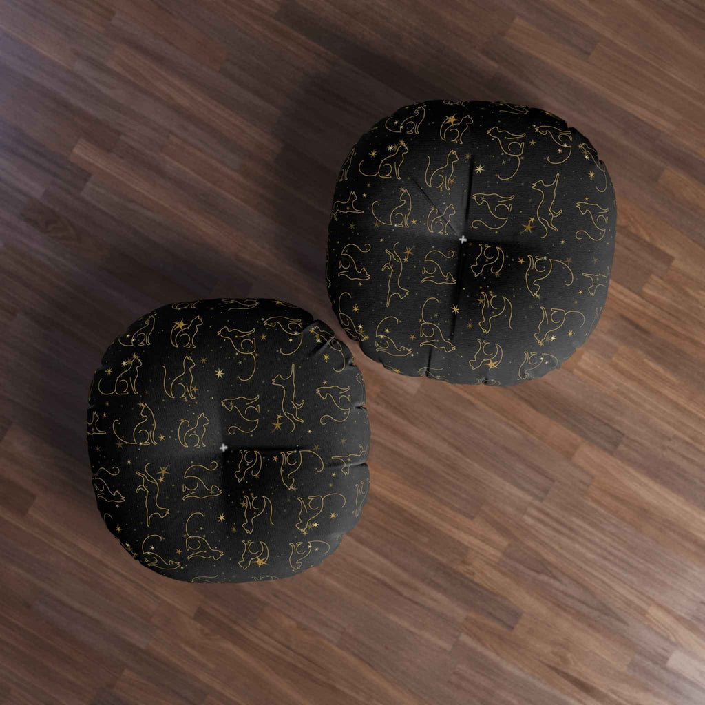 Gold Foil Line-Art Cats Tufted Floor Pillow – Black