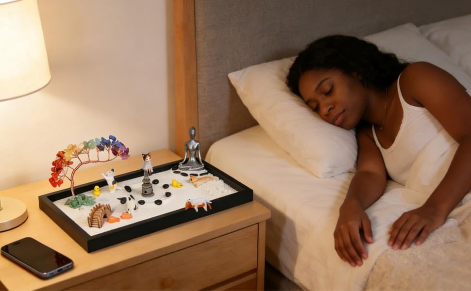 Zen Garden for Desk, with Crystals and Healing Stones & Cat Figurines