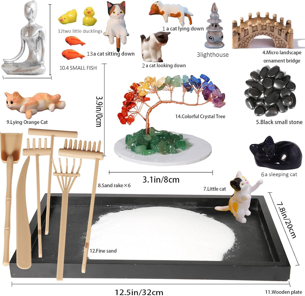 Zen Garden for Desk, with Crystals and Healing Stones & Cat Figurines