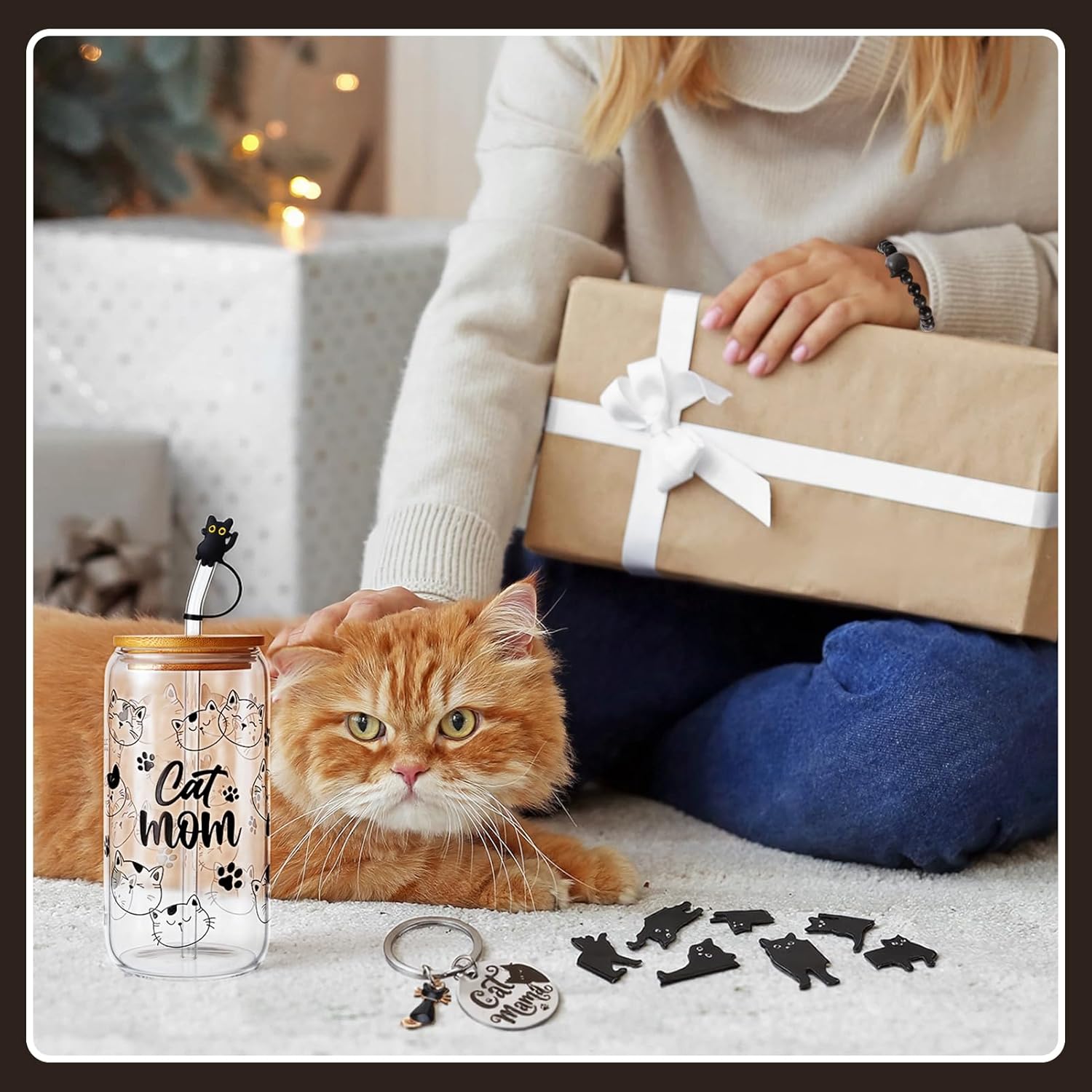 Black Cat Themed Gift Set with Glass, Canvas Tote Bag, Makeup Bag, Keychain, Bracelet and Magnetic Bookmarks