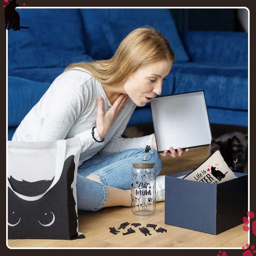 Black Cat Themed Gift Set with Glass, Canvas Tote Bag, Makeup Bag, Keychain, Bracelet and Magnetic Bookmarks