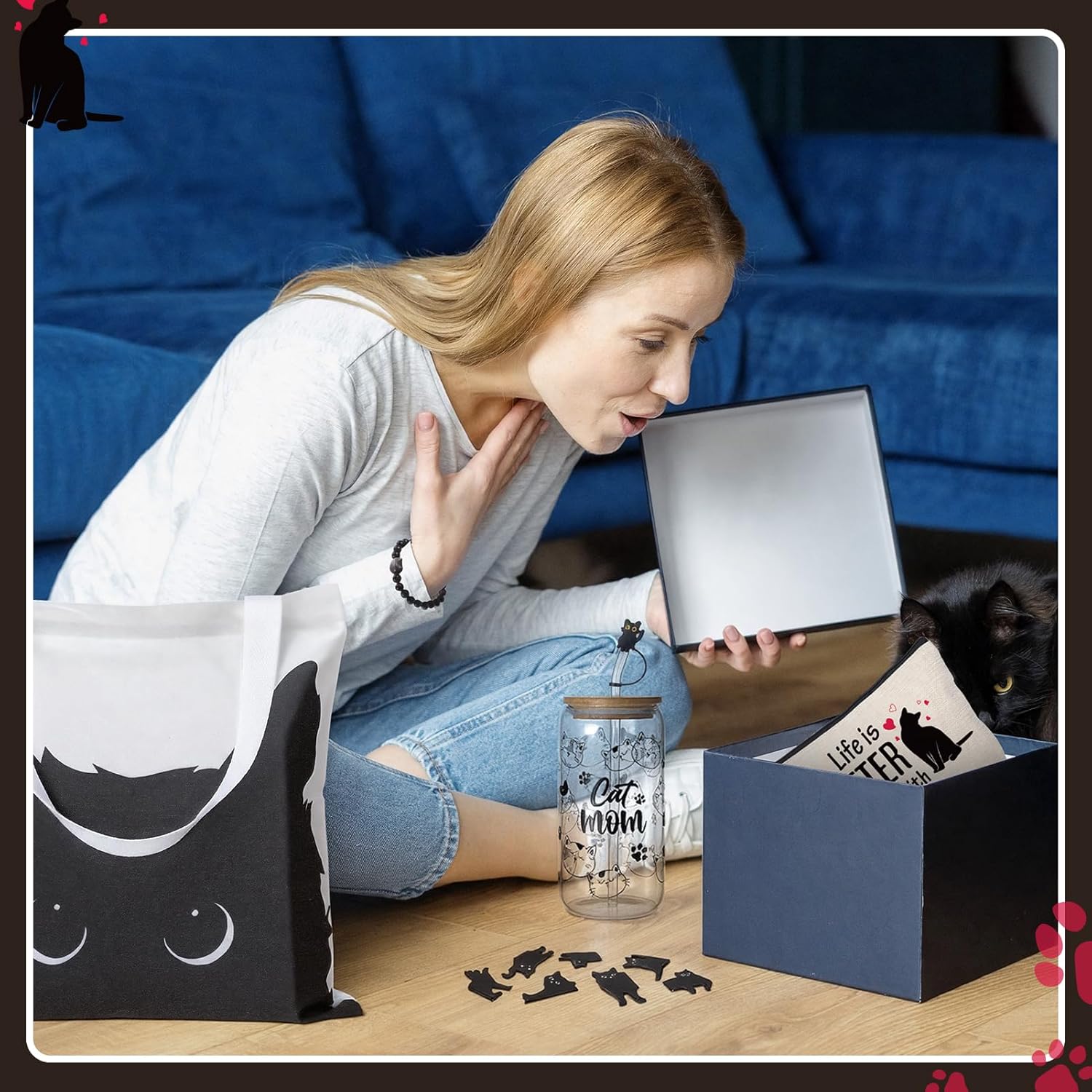 Black Cat Themed Gift Set with Glass, Canvas Tote Bag, Makeup Bag, Keychain, Bracelet and Magnetic Bookmarks