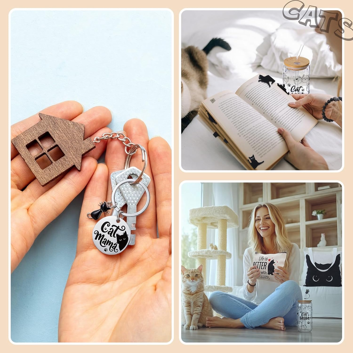 Black Cat Themed Gift Set with Glass, Canvas Tote Bag, Makeup Bag, Keychain, Bracelet and Magnetic Bookmarks