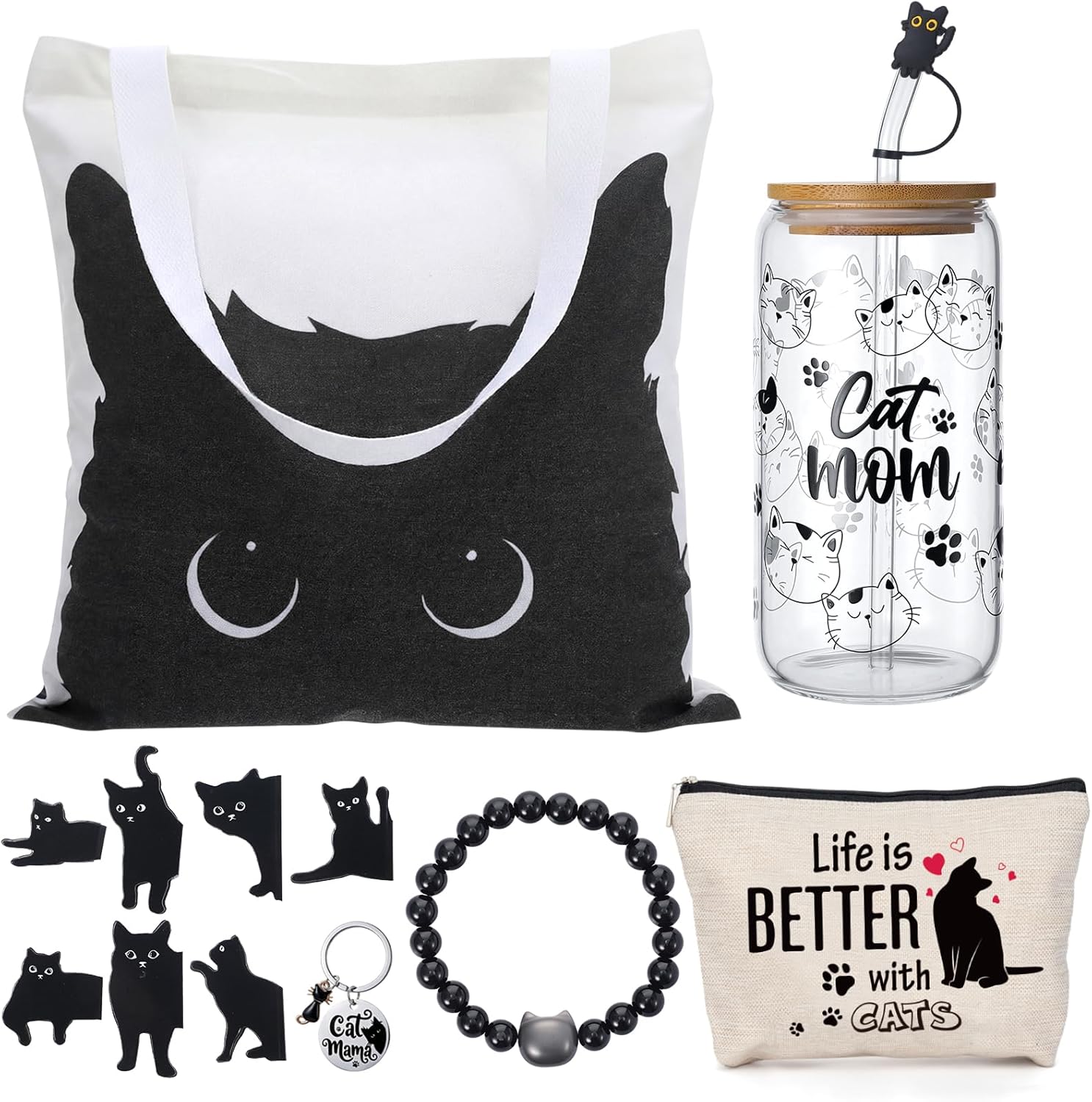 Black Cat Themed Gift Set with Glass, Canvas Tote Bag, Makeup Bag, Keychain, Bracelet and Magnetic Bookmarks