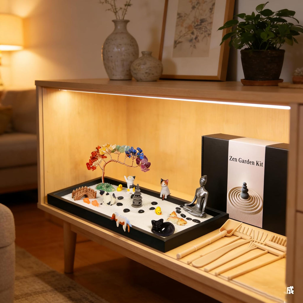 Zen Garden for Desk, with Crystals and Healing Stones & Cat Figurines