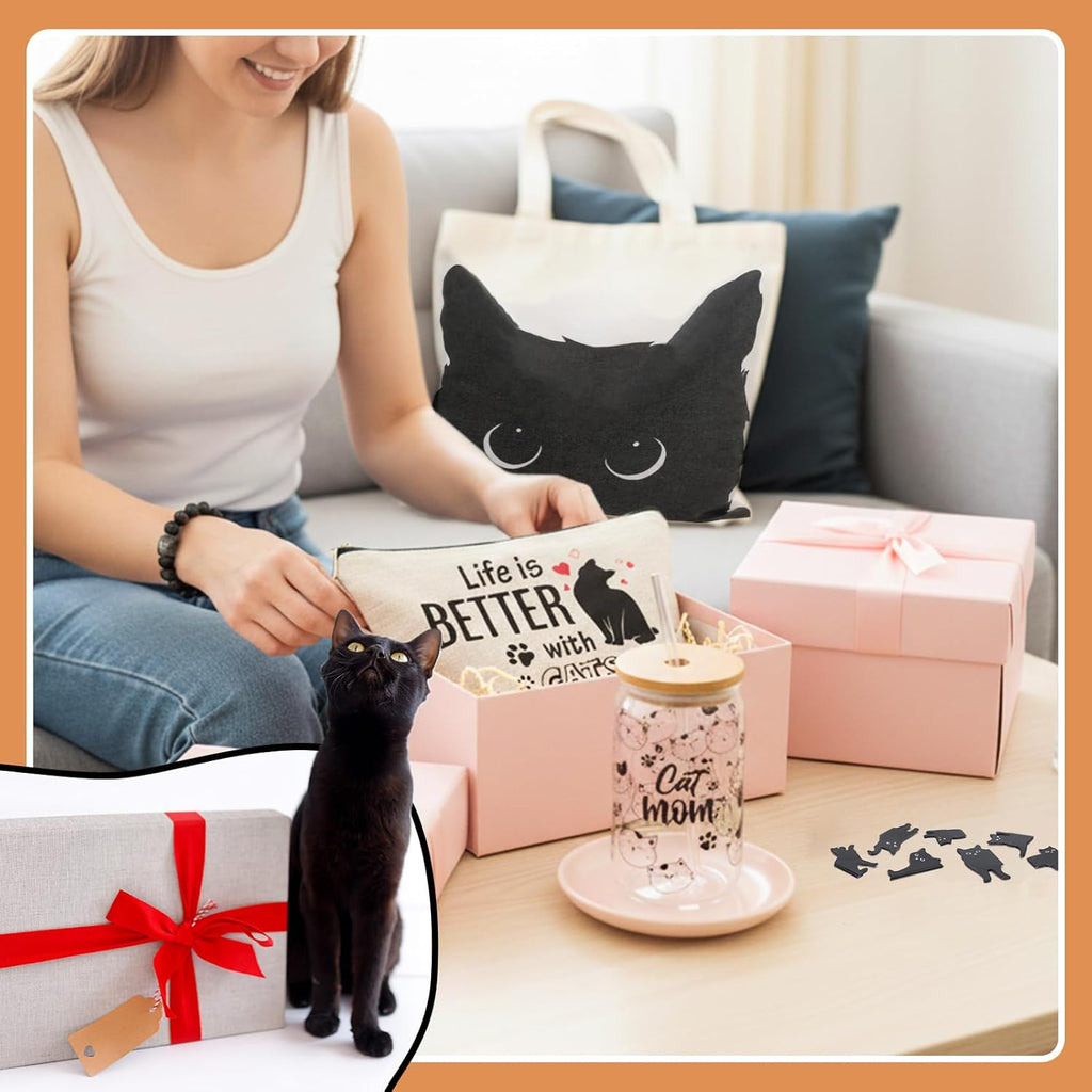 Black Cat Themed Gift Set with Glass, Canvas Tote Bag, Makeup Bag, Keychain, Bracelet and Magnetic Bookmarks