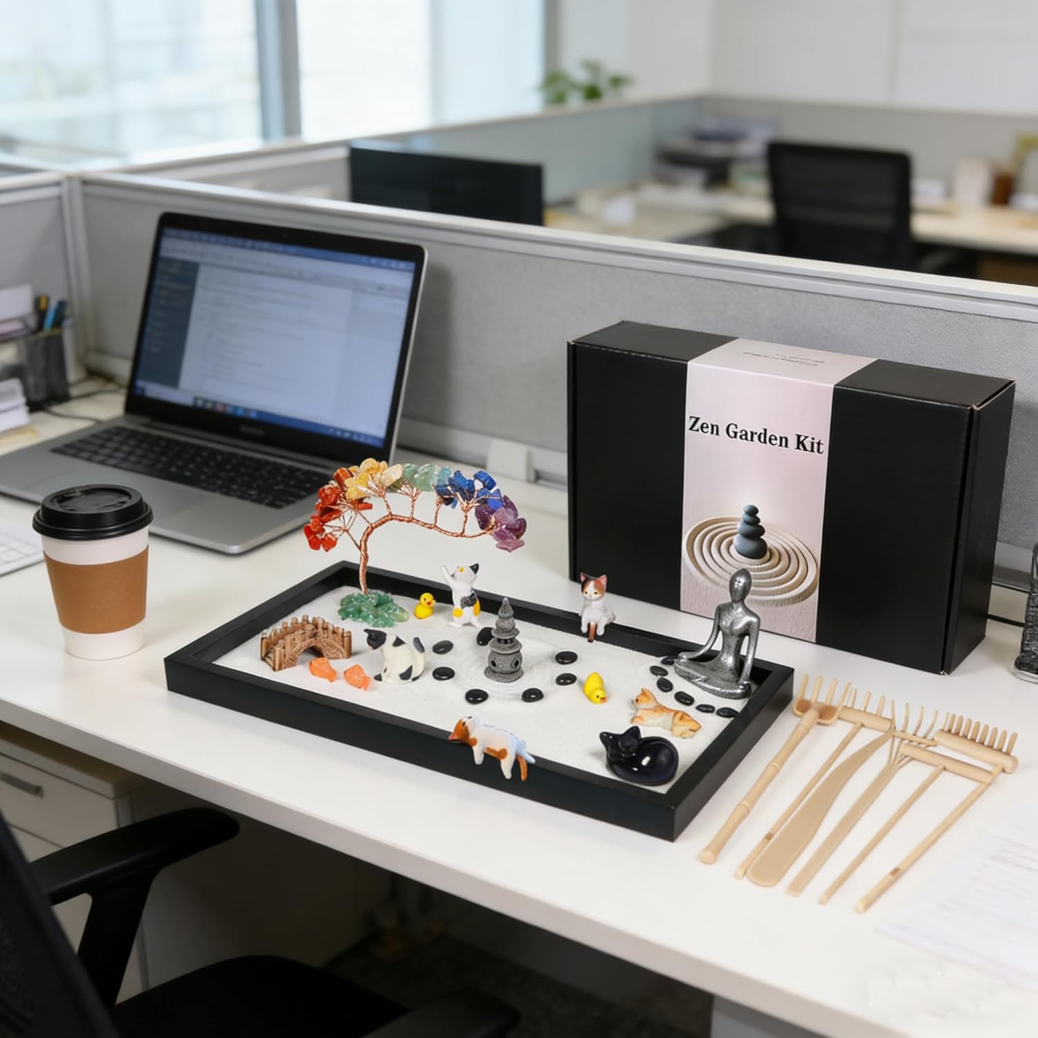 Zen Garden for Desk, with Crystals and Healing Stones & Cat Figurines