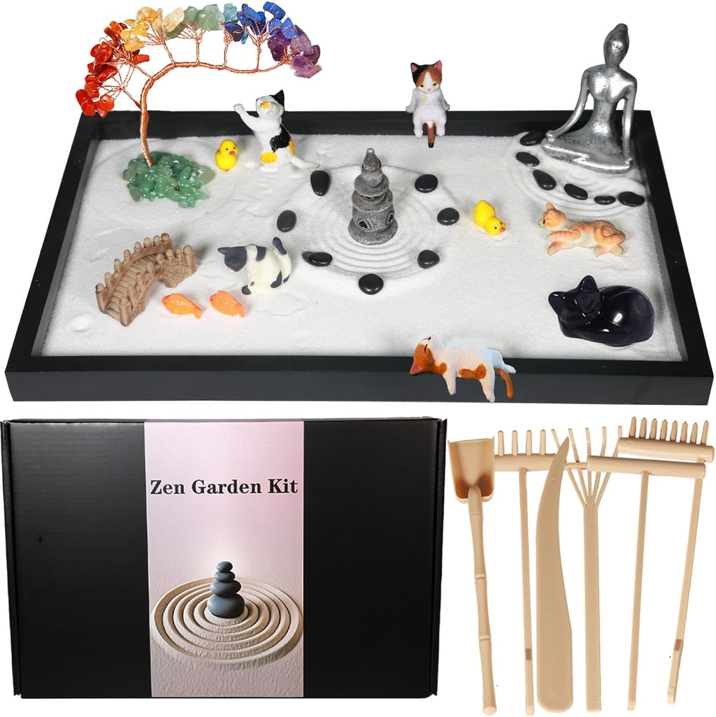 Zen Garden for Desk, with Crystals and Healing Stones & Cat Figurines