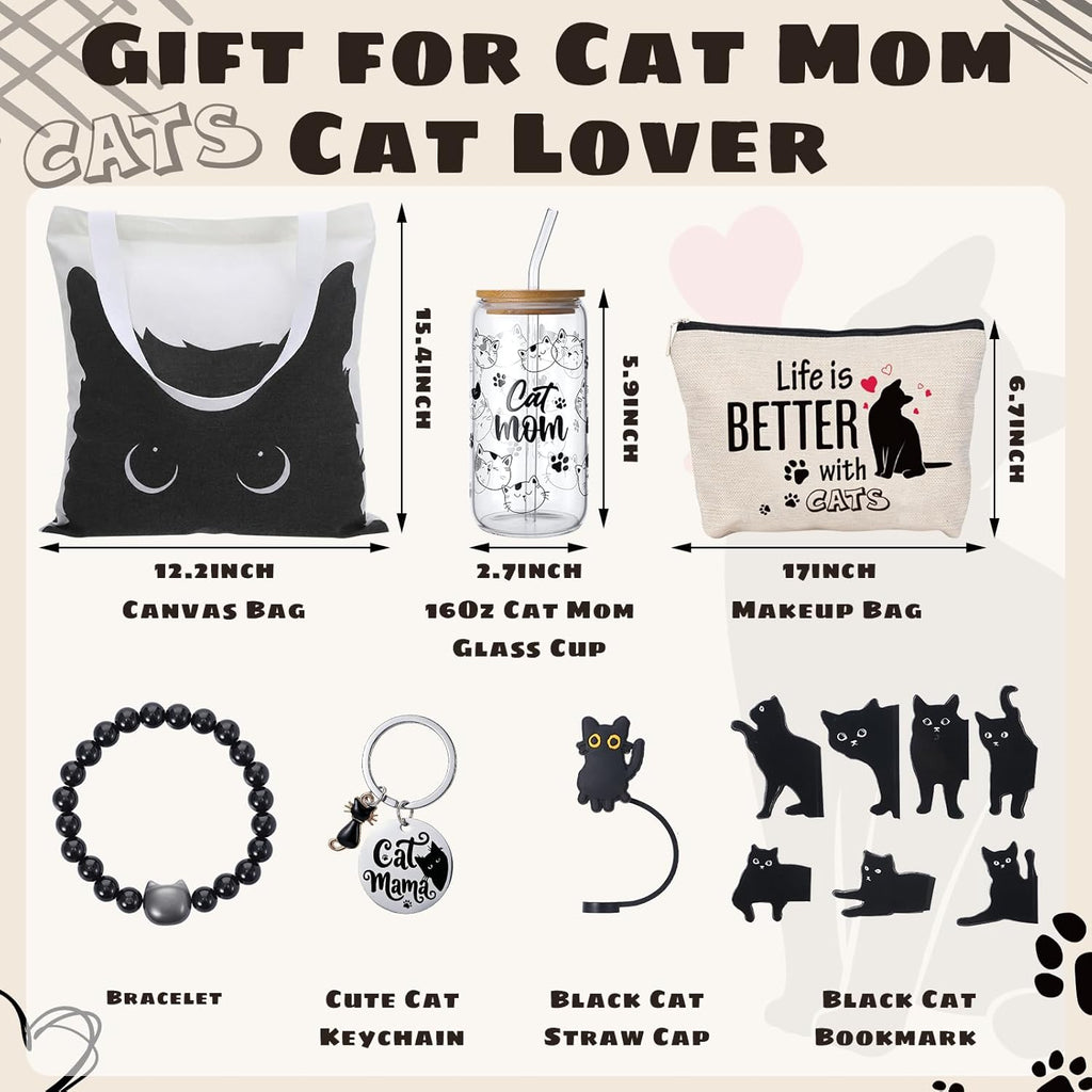 Black Cat Themed Gift Set with Glass, Canvas Tote Bag, Makeup Bag, Keychain, Bracelet and Magnetic Bookmarks