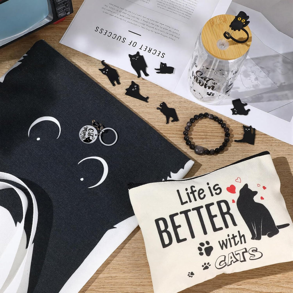 Black Cat Themed Gift Set with Glass, Canvas Tote Bag, Makeup Bag, Keychain, Bracelet and Magnetic Bookmarks