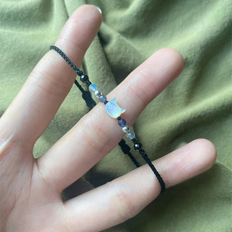 Moonstone Obsidian Cat Charm Bracelets