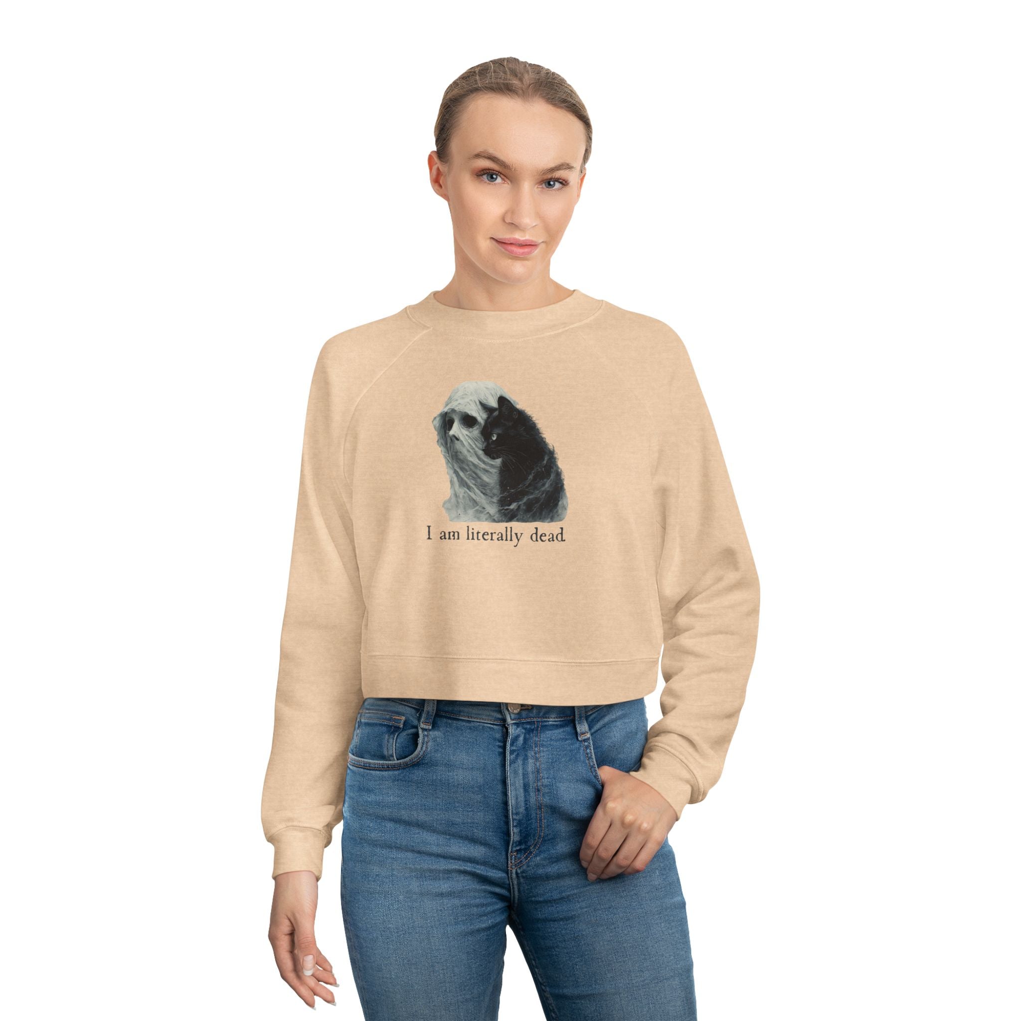 Ghost and Cat Cropped Fleece Pullover for Women